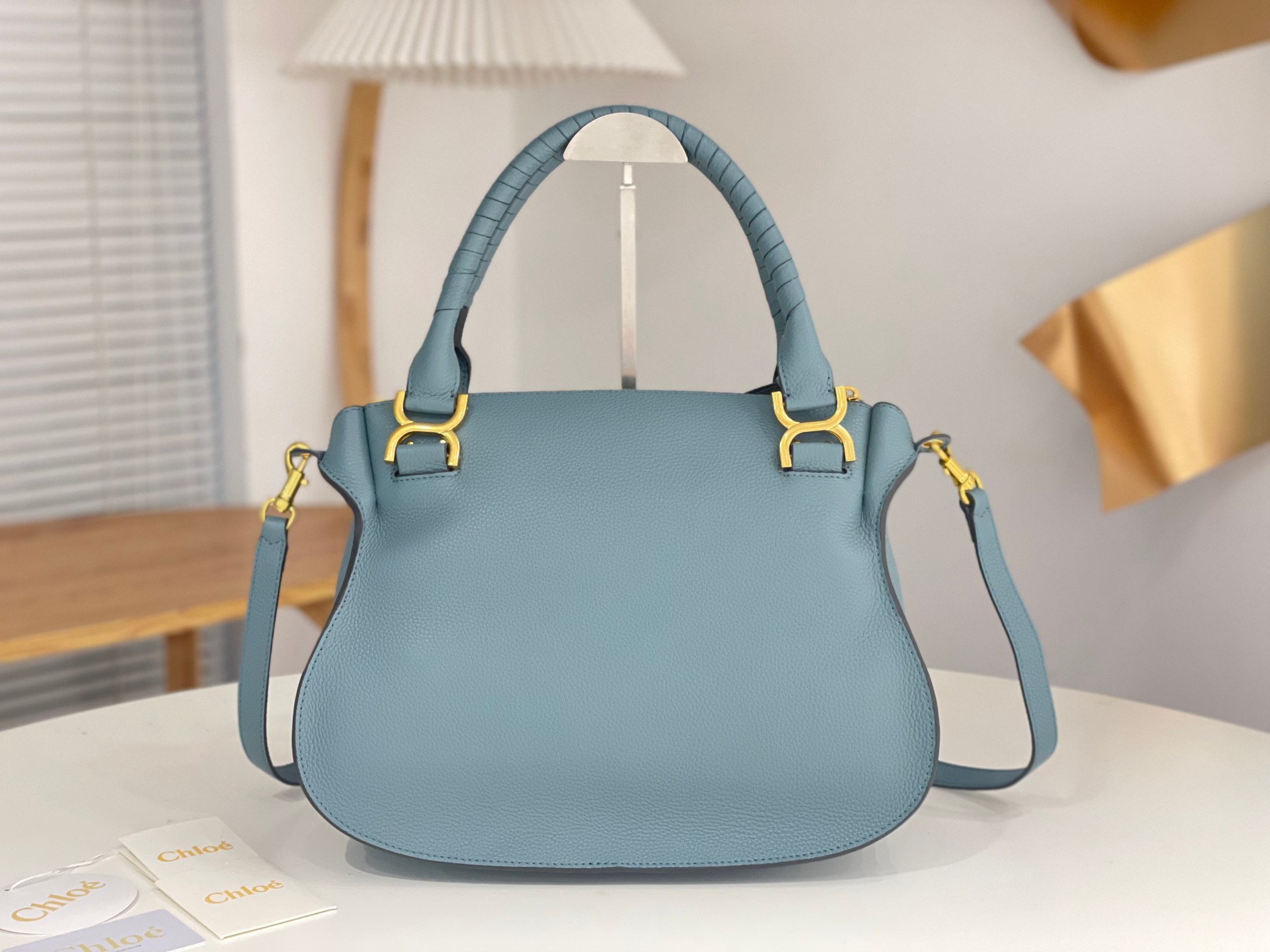 Chloe Large Marcie Bag In Light Blue Grained Leather